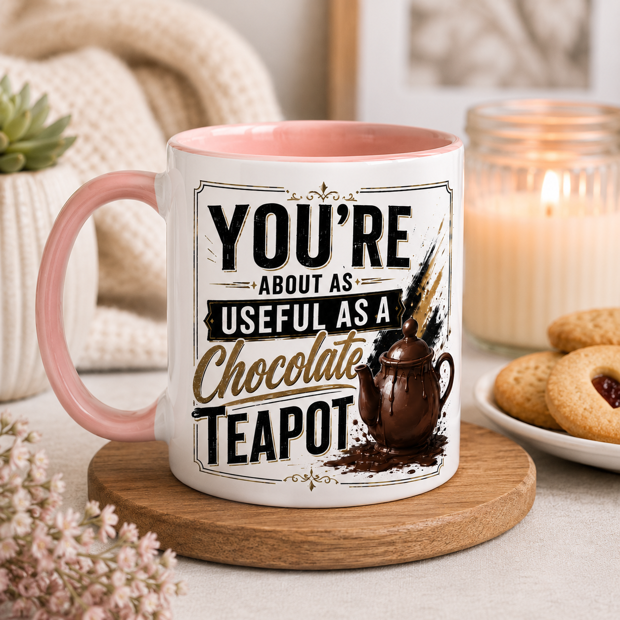 Mug with humorous text design saying - You're about as useful as a chocolate teapot on a wooden coaster with a candle and cookies in the background