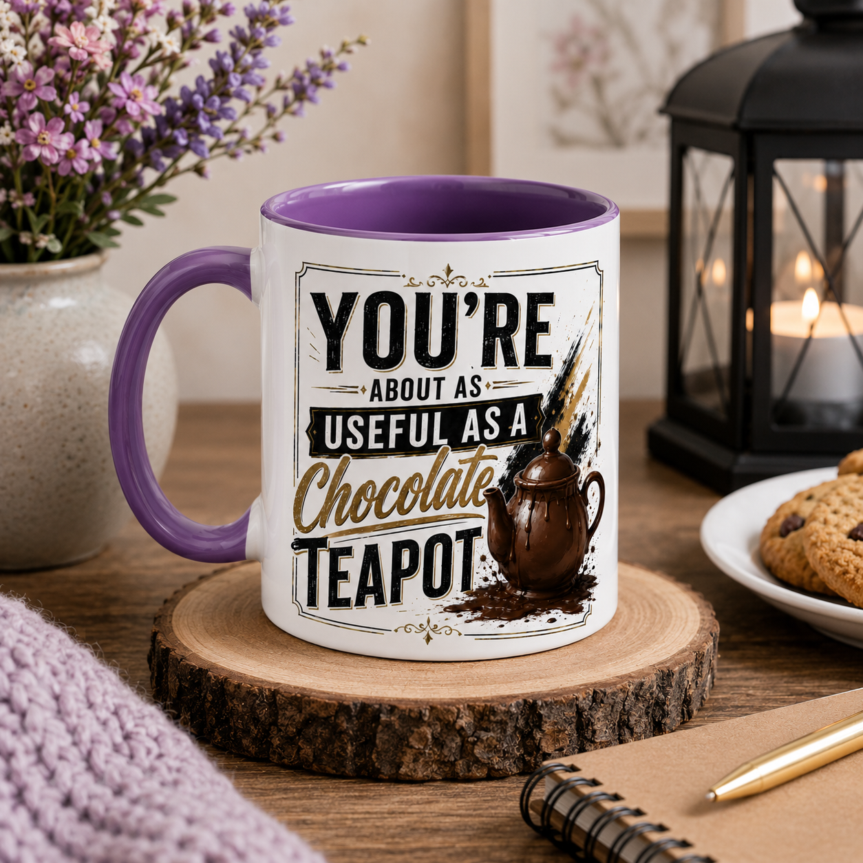 Purple inside white 11oz ceramic Mug with humorous text design that says - You're about as useful as a chocolate teapot on a wooden coaster with decorative items.