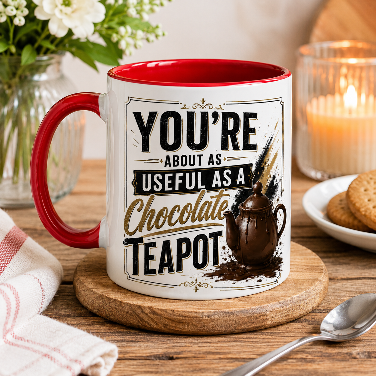 Mug with humorous text and teapot graphic that says - You're about as useful as a chocolate teapot on a wooden coaster, surrounded by a candle, cookies, and flowers.