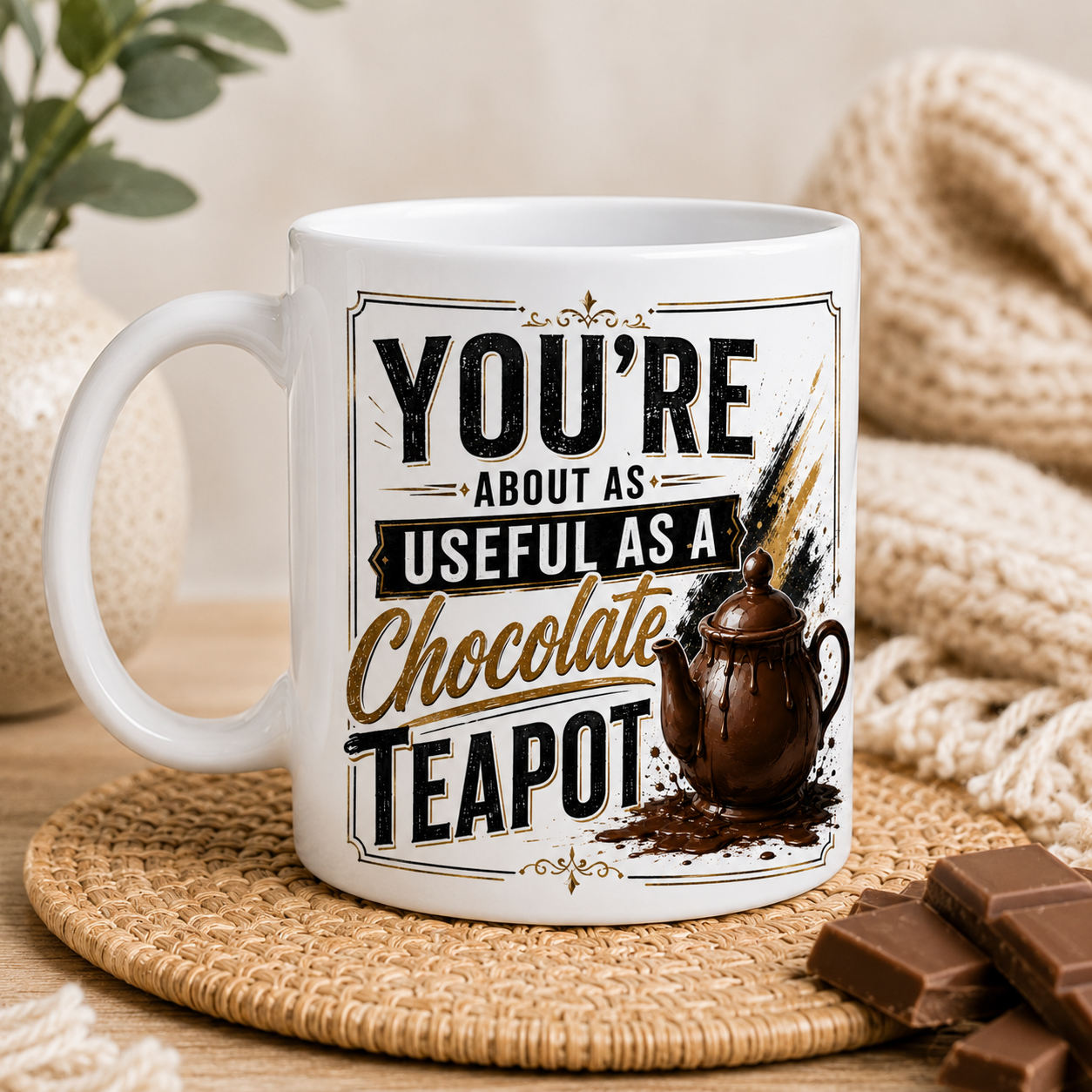 White mug with humorous text that says - You're about as useful as a chocolate teapot and teapot illustration on a wooden surface with chocolate and a plant.