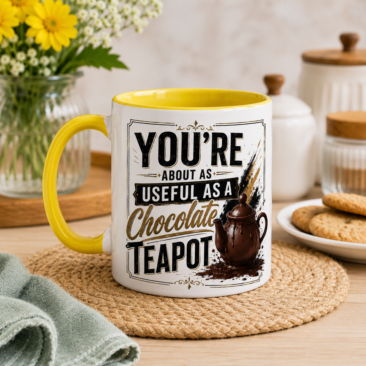 Mug with a humorous quote saying - You're about as useful as a chocolate teapot on a table with flowers and cookies.