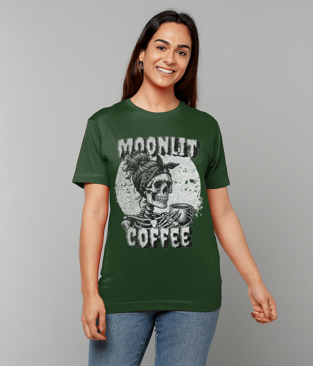 Moonlit Coffee Skeleton T-Shirt | Spooky Coffee Lover Tee | Gothic Women's Shirt | Halloween Gift | Unisex Sizes S-5XL | Quirky Skull Fashion