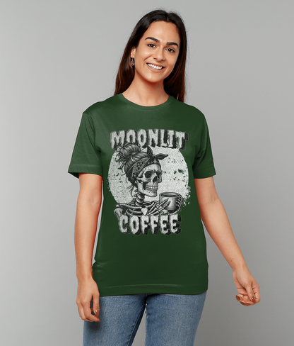 Moonlit Coffee Skeleton T-Shirt | Spooky Coffee Lover Tee | Gothic Women's Shirt | Halloween Gift | Unisex Sizes S-5XL | Quirky Skull Fashion