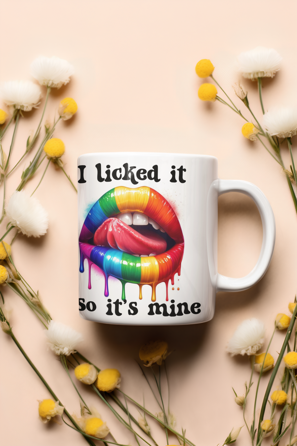 I Licked It So It's Mine Mug Funny Ceramic Coffee Cup, Unique Tumbler, Rainbow Lips Gift