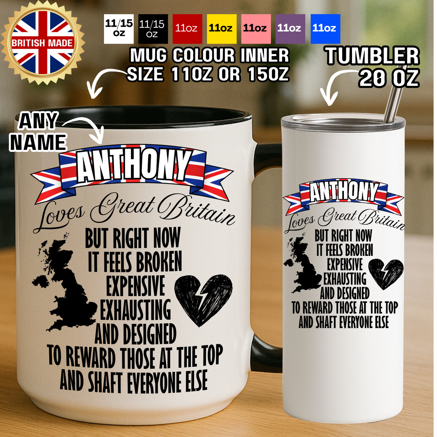 Personalised British Political Satire Mug and Tumbler for Tea and Coffee Lovers