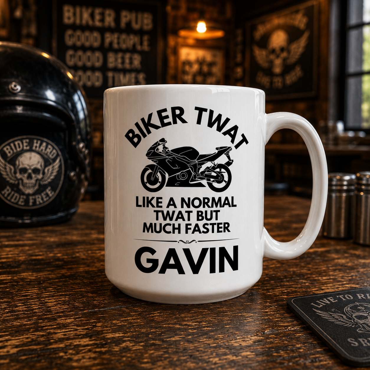 Big 15oz biker twat funny mug white, on mug printed both sides say - BIKER TWAT with a motorcycle underneath then the words "like a normal twat but faster", this mug has the name Gavin but it can have any name.