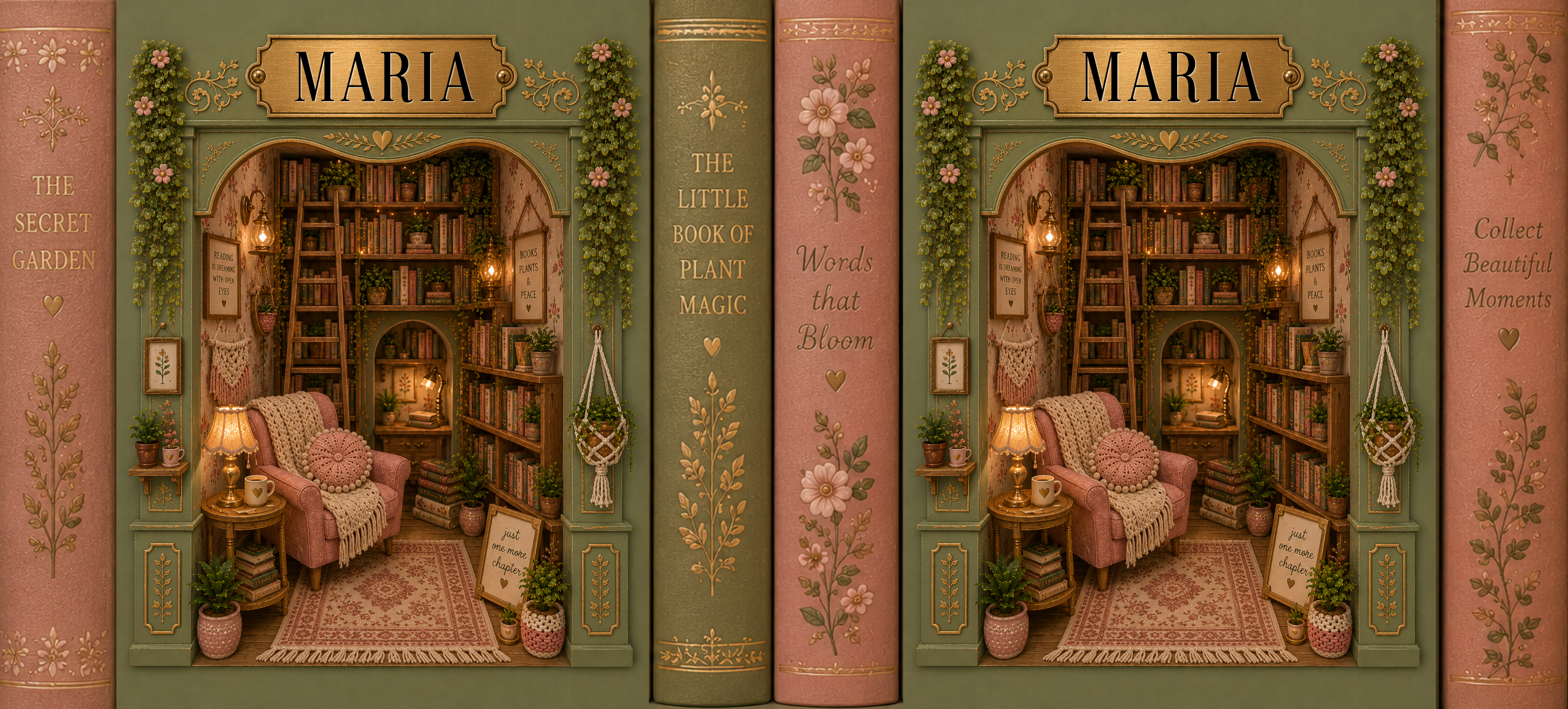 Decorative bookends with a cozy interior scene featuring a chair, books, and decorative elements.