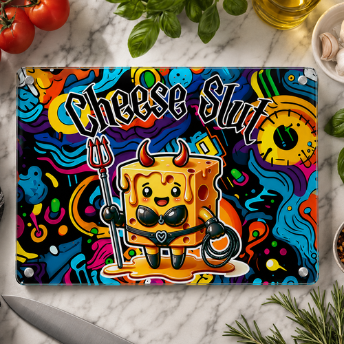 Colorful cutting board with 'Cheese Slut' design on a marble surface with vegetables. 28cm wide by 20cm height. Made in the UK.