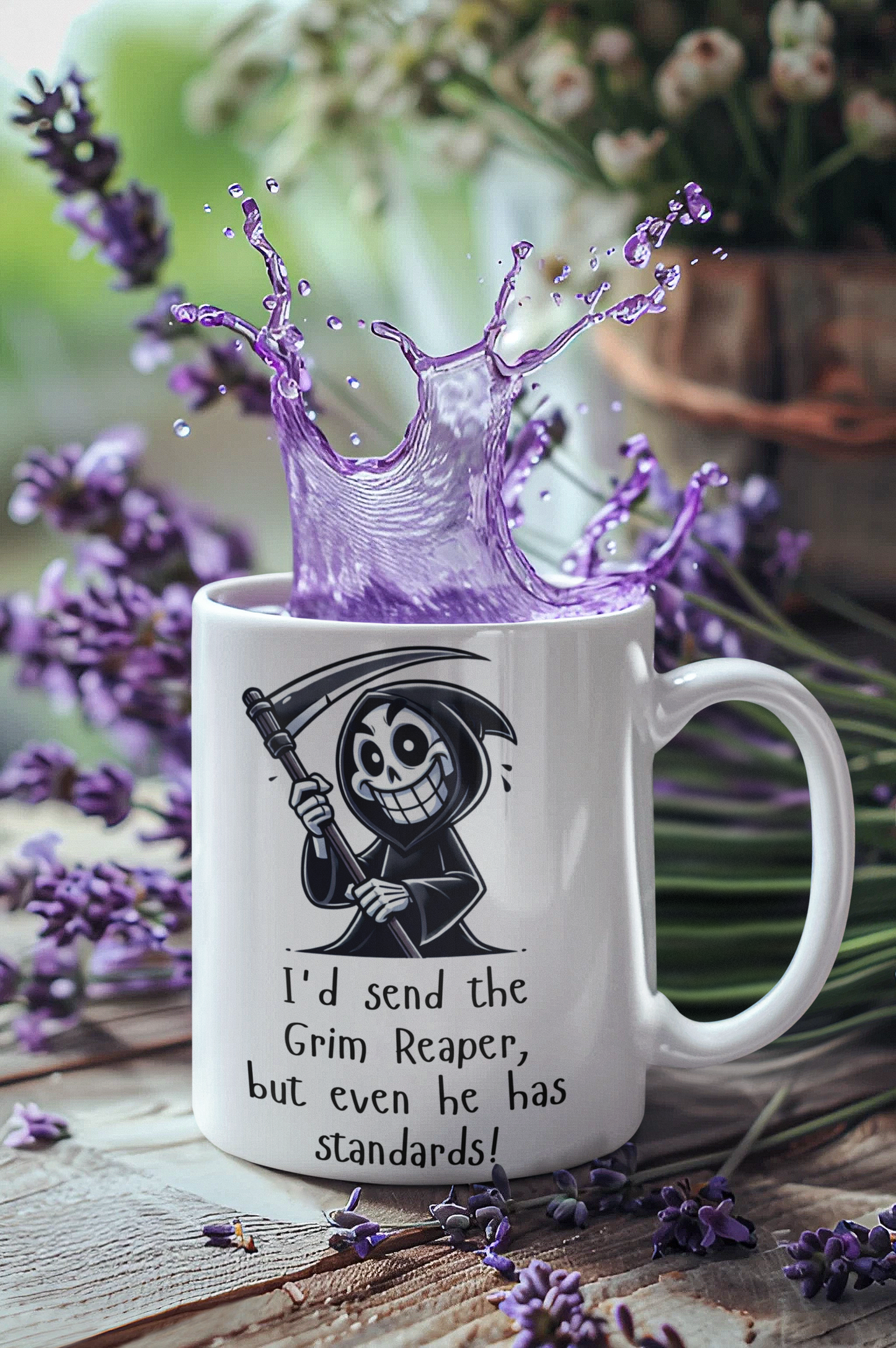 I'd Send the Grim Reaper, But Even He Has Standards! Funny Mug – Sarcastic Gift, Colourful Handle Options, Grim Reaper Cartoon Coffee Cup