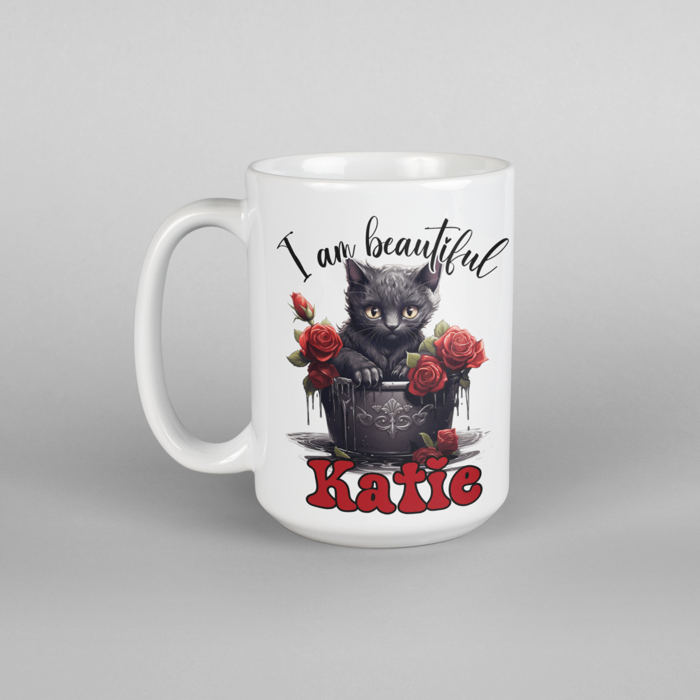 I am beautiful cat roses gothic style Personalised mug