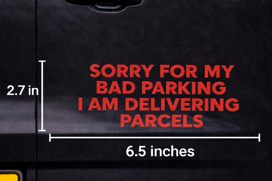 Black van with a humorous message about parcel delivery and bad parking on a blurred background