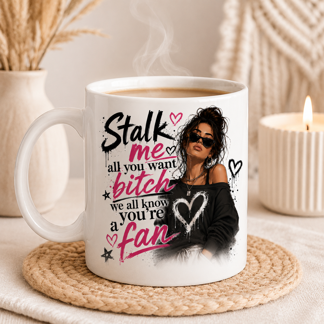 Funny sarcastic mug for women featuring the quote "I Would Listen But You Bore The F*ck Out Of Me" alongside a stylish fashion inspired woman illustration displayed in a cosy modern boho home setting. White ceramic mug with optional name personalisation, design printed on both sides and a subtle Pypog logo on the side. Funny mug for her, rude coffee mug, novelty mug, best friend gift, coworker gift, birthday present, sarcastic coffee cup and cheeky gift idea for women with attitude and a wicked sense of hum