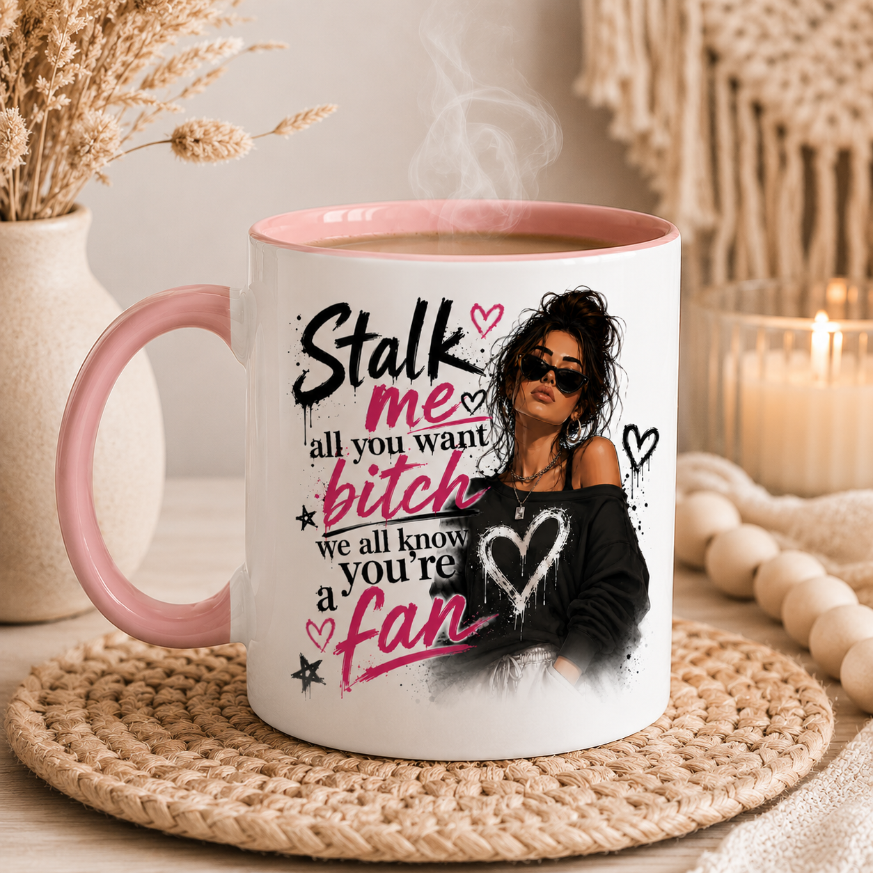 Pink handle ceramic mug featuring quote “I Would Listen But You Bore The F*ck Out Of Me” with stylish illustrated woman artwork displayed in modern boho room. Funny best friend mug and novelty coffee mug gift.
