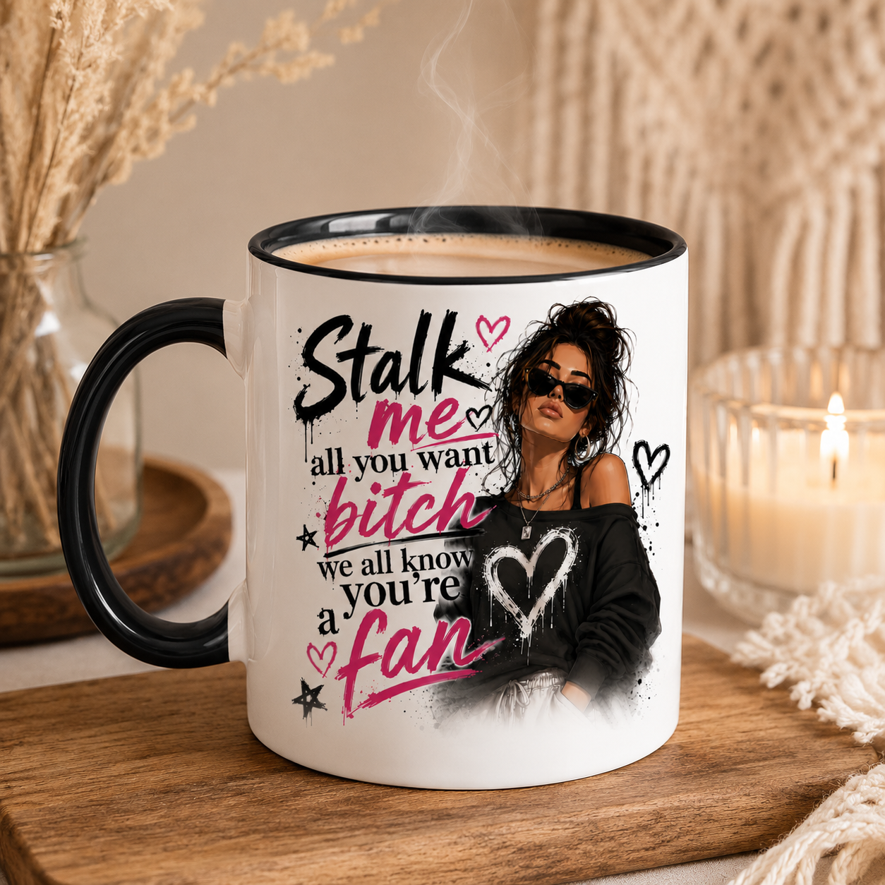White ceramic mug with black inside and handle featuring the quote "I Would Listen But You Bore The F*ck Out Of Me" and stylish illustrated woman artwork displayed in a warm neutral home setting. Funny sarcastic mug for women and rude coffee mug designed as a best friend gift, sister gift, coworker present or birthday gift. Optional name personalisation available. Funny novelty mug for coffee lovers with attitude and women who say exactly what everyone else is thinking.