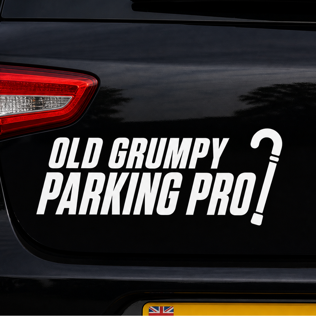 Car with a humorous vinyl decal sticker 'Old Grumpy Parking Pro?' decal on the back
