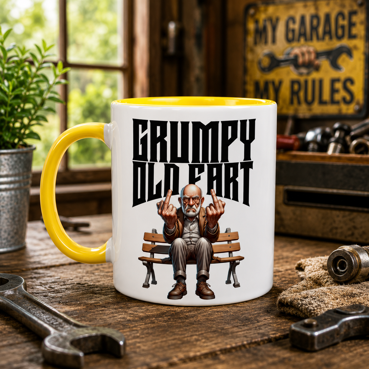 11oz white ceramic coffee mug with yellow inside and handle with Grumpy old man with a man sitting on a bench.