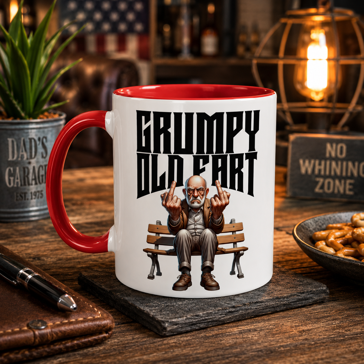 Mug with 'Grumpy Old Fart' design on a wooden table with snacks and decor.