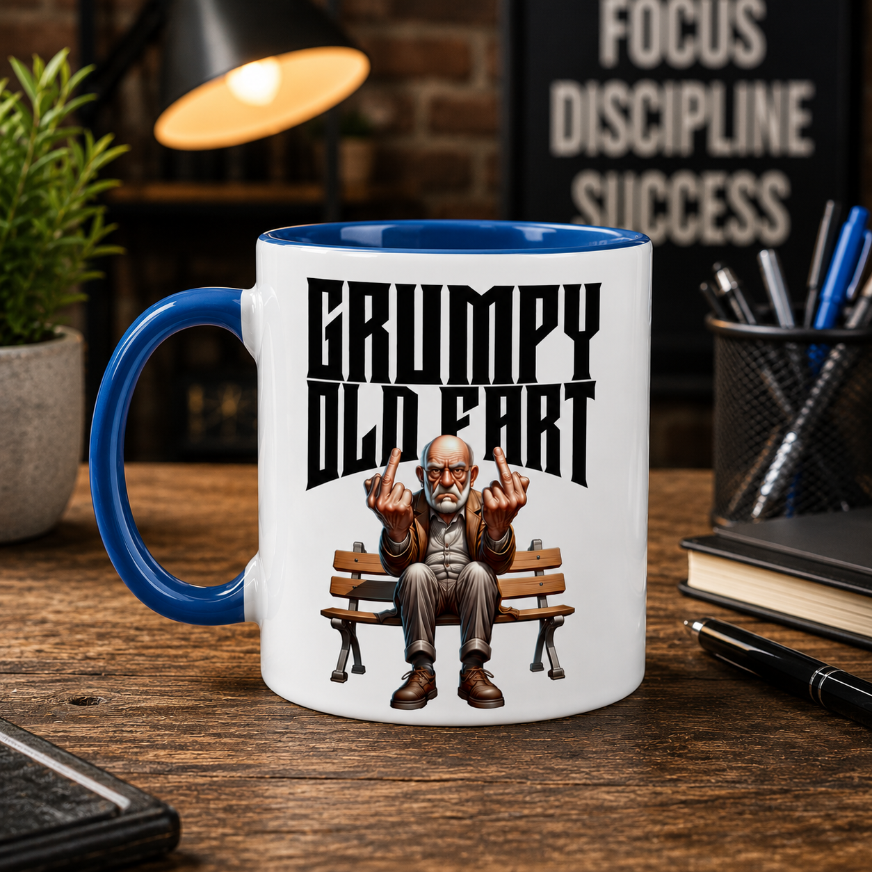 11oz white ceramic mug with blue inside and handle - grumpy old fart