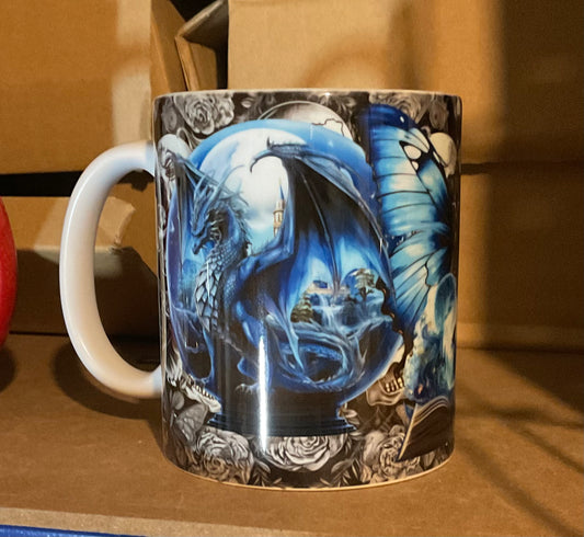 Mythical blue dragon on grey skulls full wrap fairytale mug