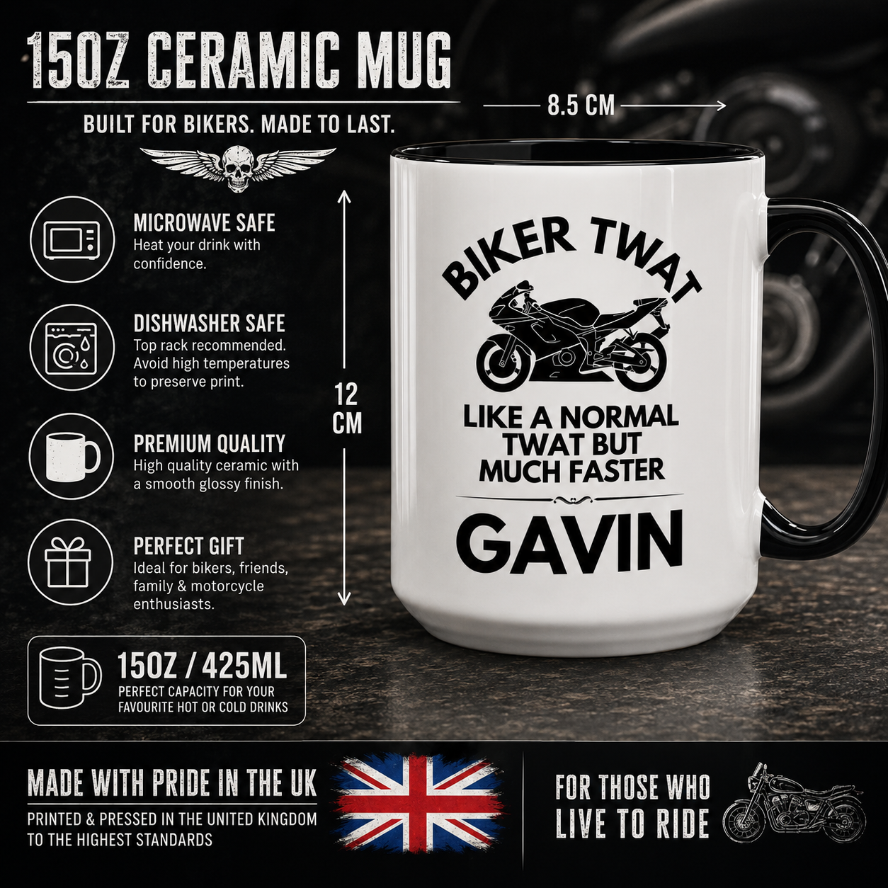 Infographic showing sizes and features for Big 15oz biker twat funny white ceramic mug black inside and handle.