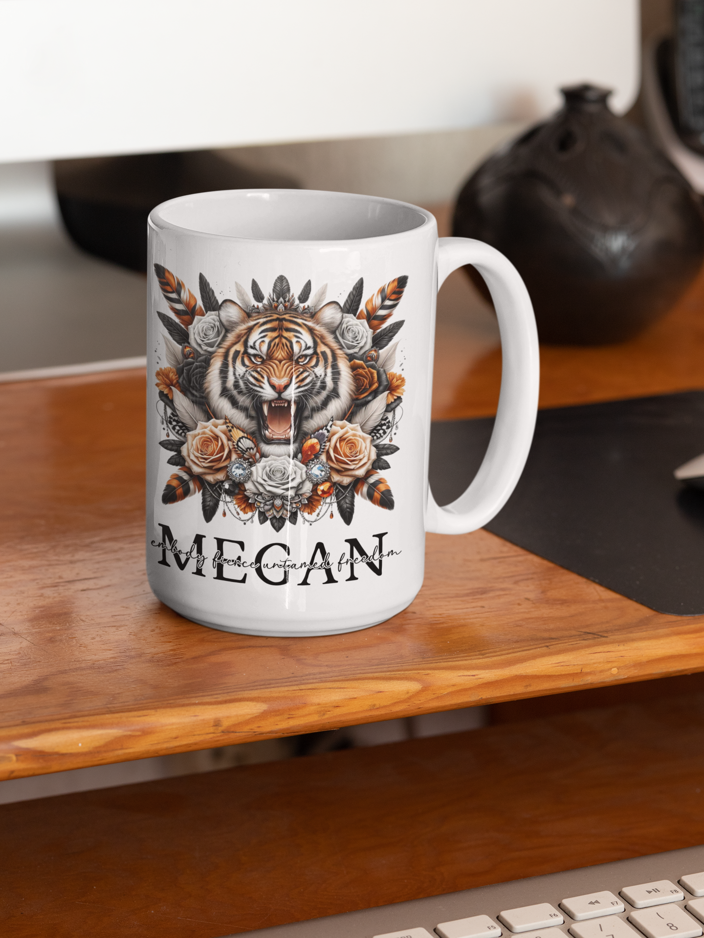 Wild Tiger Floral Drinkware Collection: Personalised Mugs in 11oz/15oz, 20oz Insulated Tumblers, MDF Coasters - Exotic Gifts for Wildlife Enthusiasts