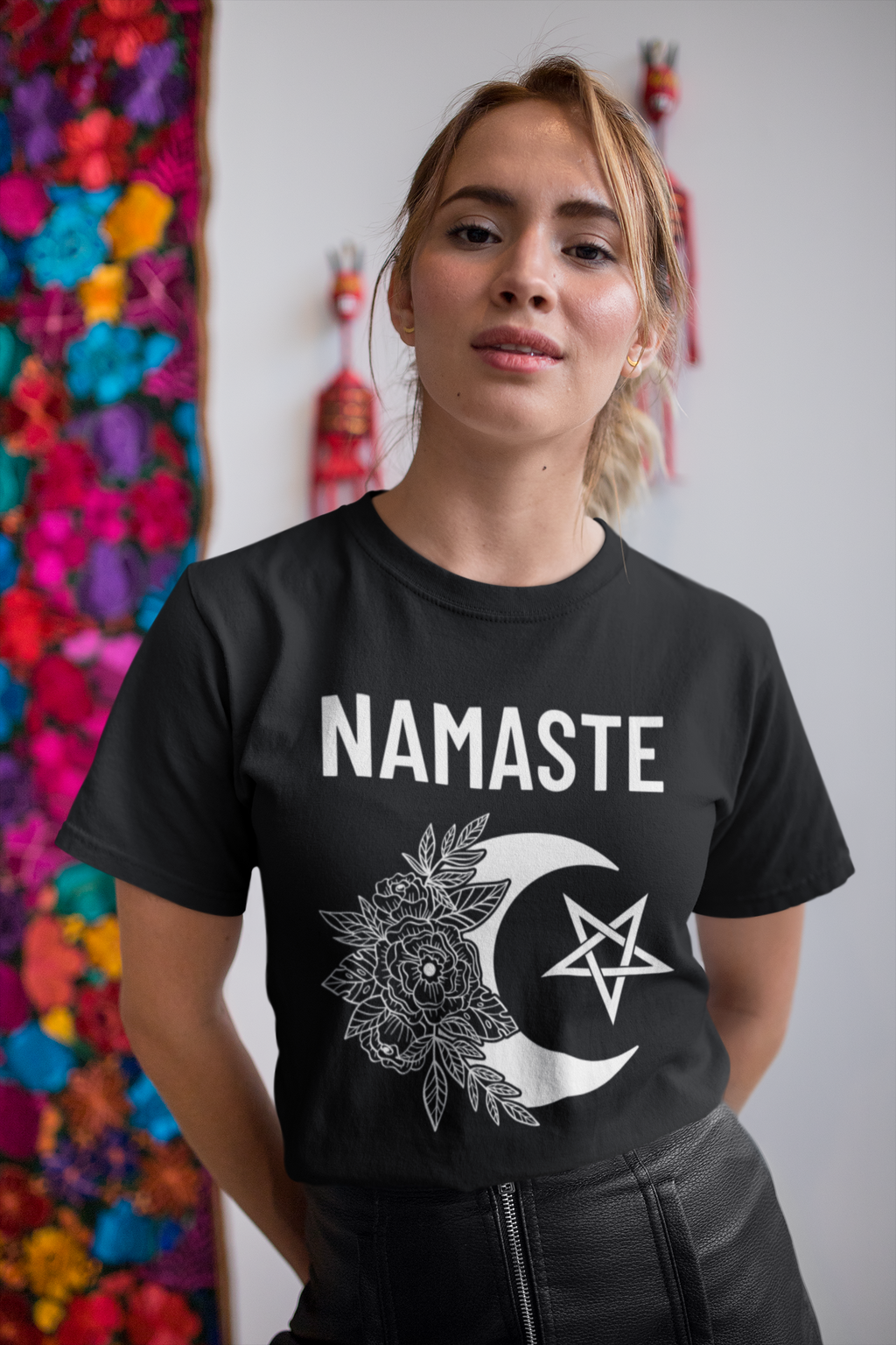 Namaste Cotton T-Shirt Pagan Clothing with moon, flowers and pentagram