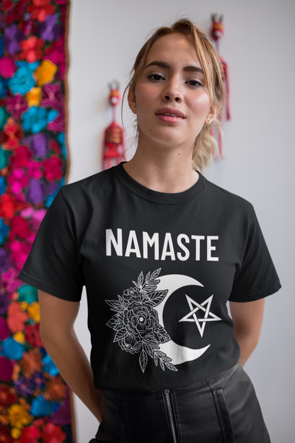 Namaste Cotton T-Shirt Pagan Clothing with moon, flowers and pentagram