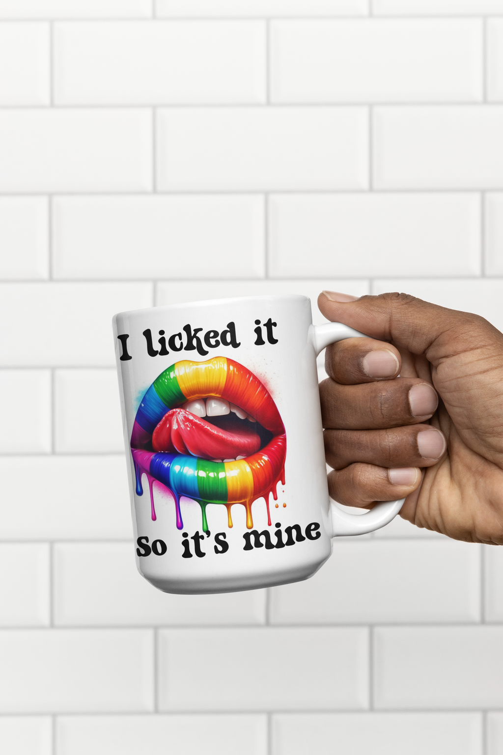 I Licked It So It's Mine Mug Funny Ceramic Coffee Cup, Unique Tumbler, Rainbow Lips Gift