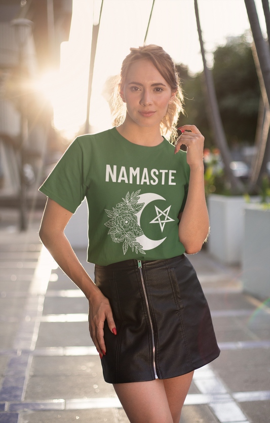 Namaste Cotton T-Shirt Pagan Clothing with moon, flowers and pentagram