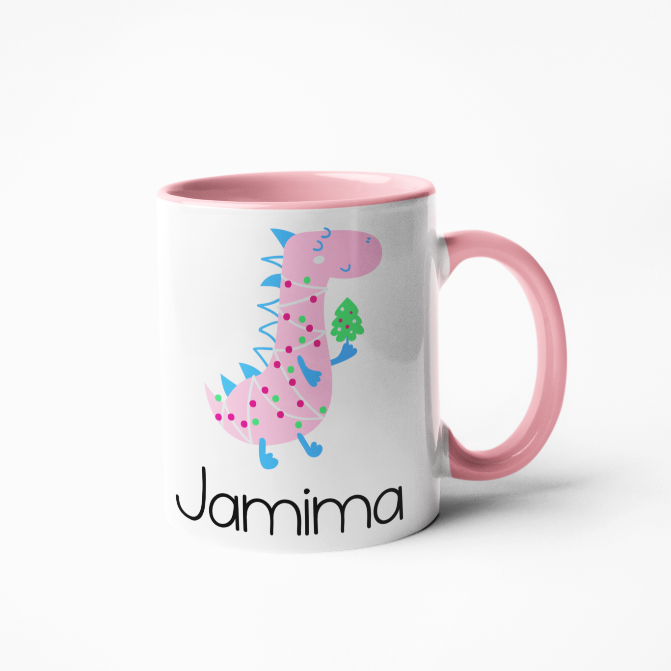 pink dinosaur personalised Christmas mug for kids