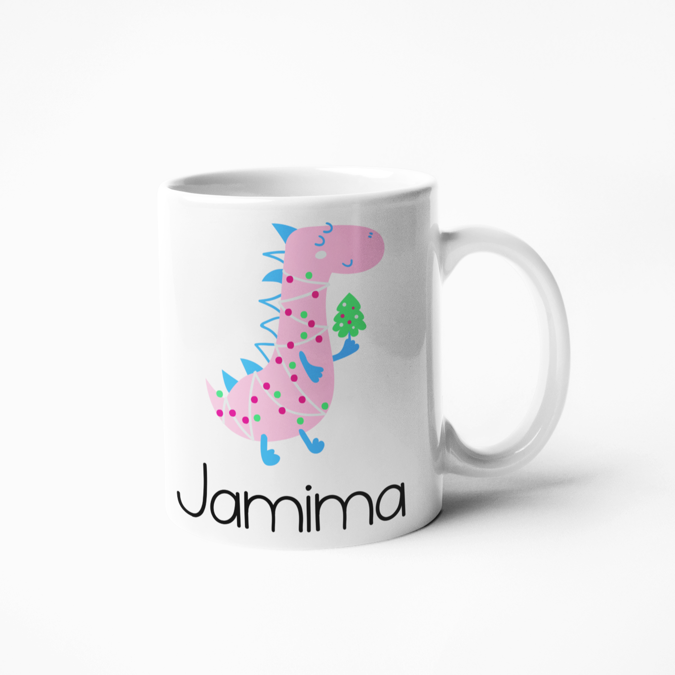 pink dinosaur personalised Christmas mug for kids