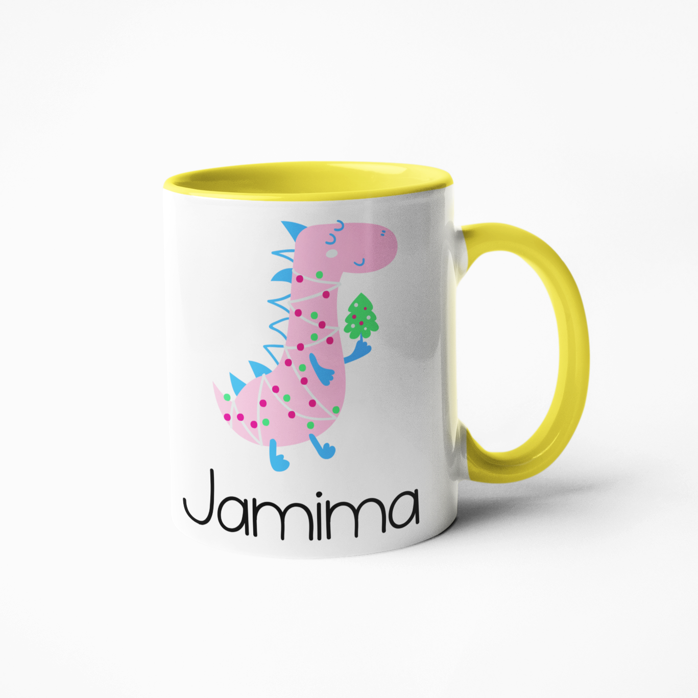 pink dinosaur personalised Christmas mug for kids yellow mugs