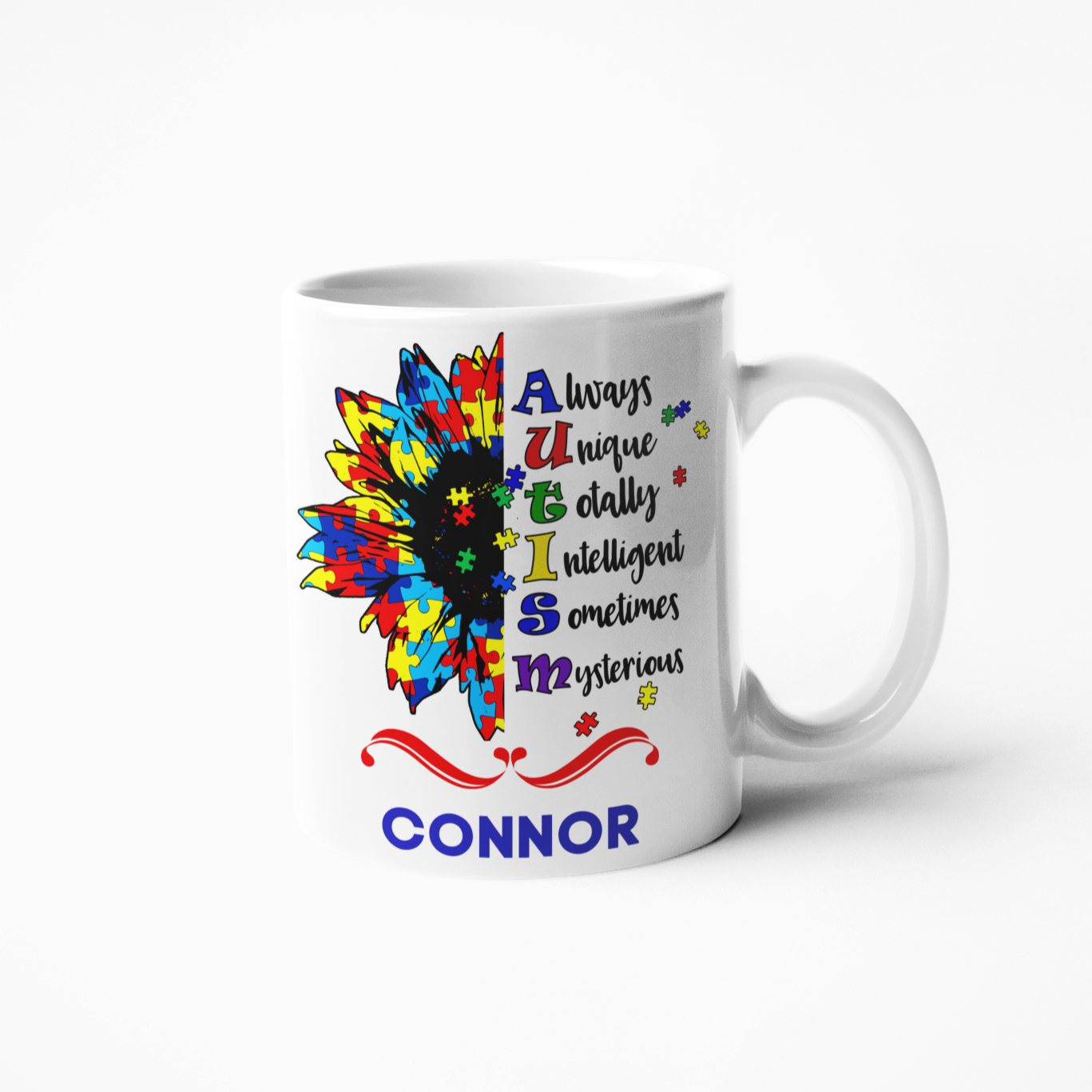 sunflower autism mug personalised with any name.
