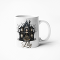 Gothic doll with haunted house coffee mug