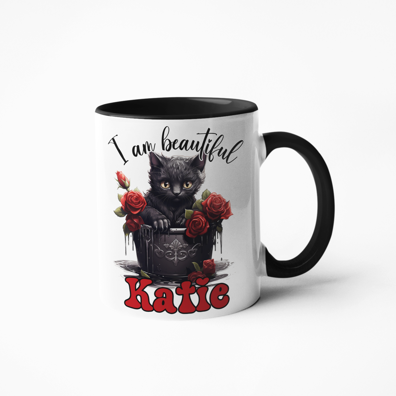 I am beautiful cat roses gothic style Personalised mug