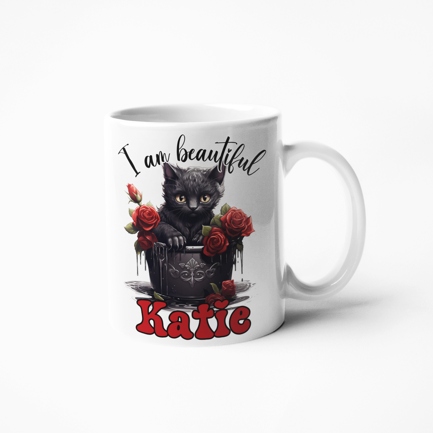 I am beautiful cat roses gothic style Personalised mug