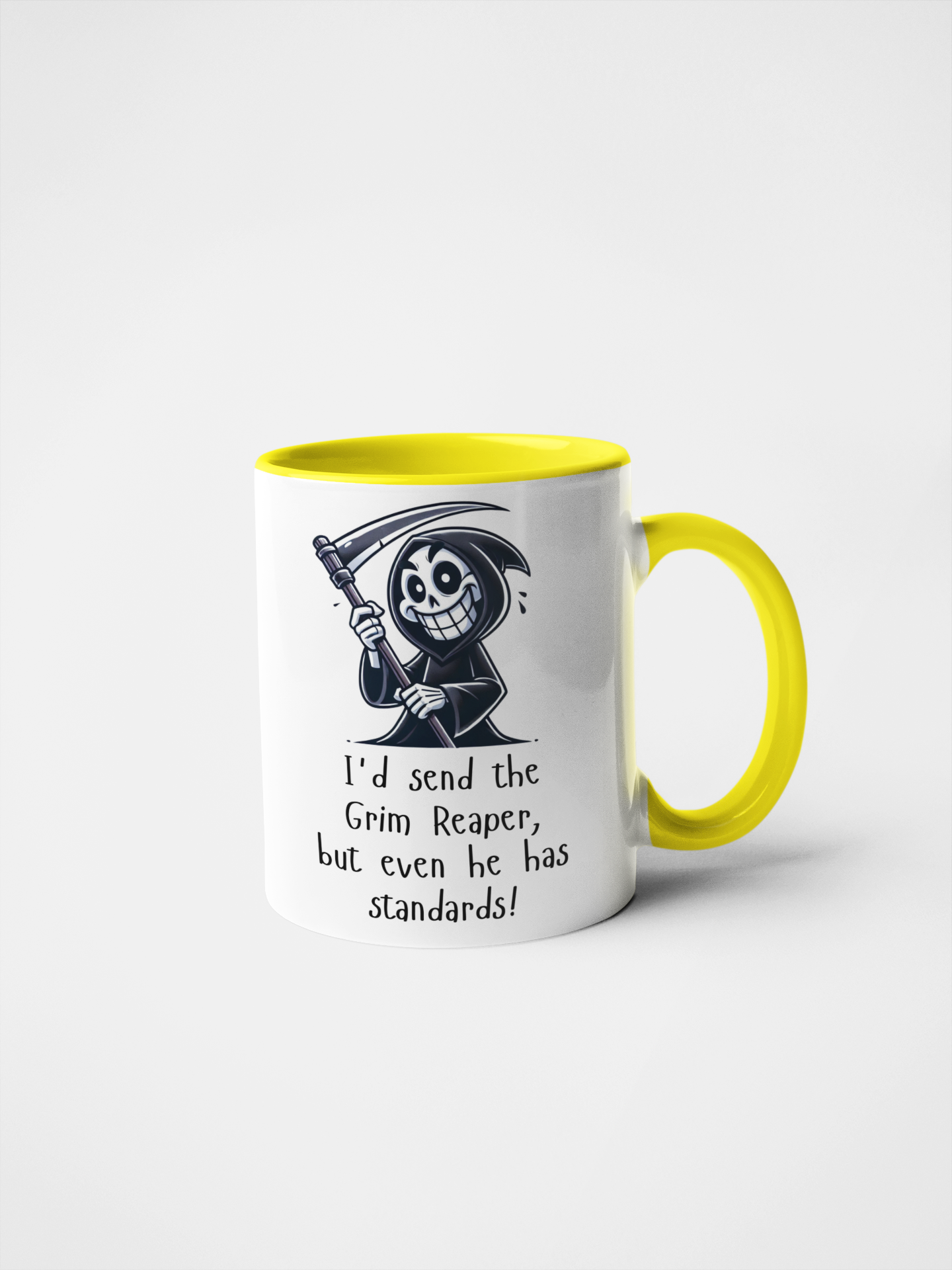 I'd Send the Grim Reaper, But Even He Has Standards! Funny Mug – Sarcastic Gift, Colourful Handle Options, Grim Reaper Cartoon Coffee Cup