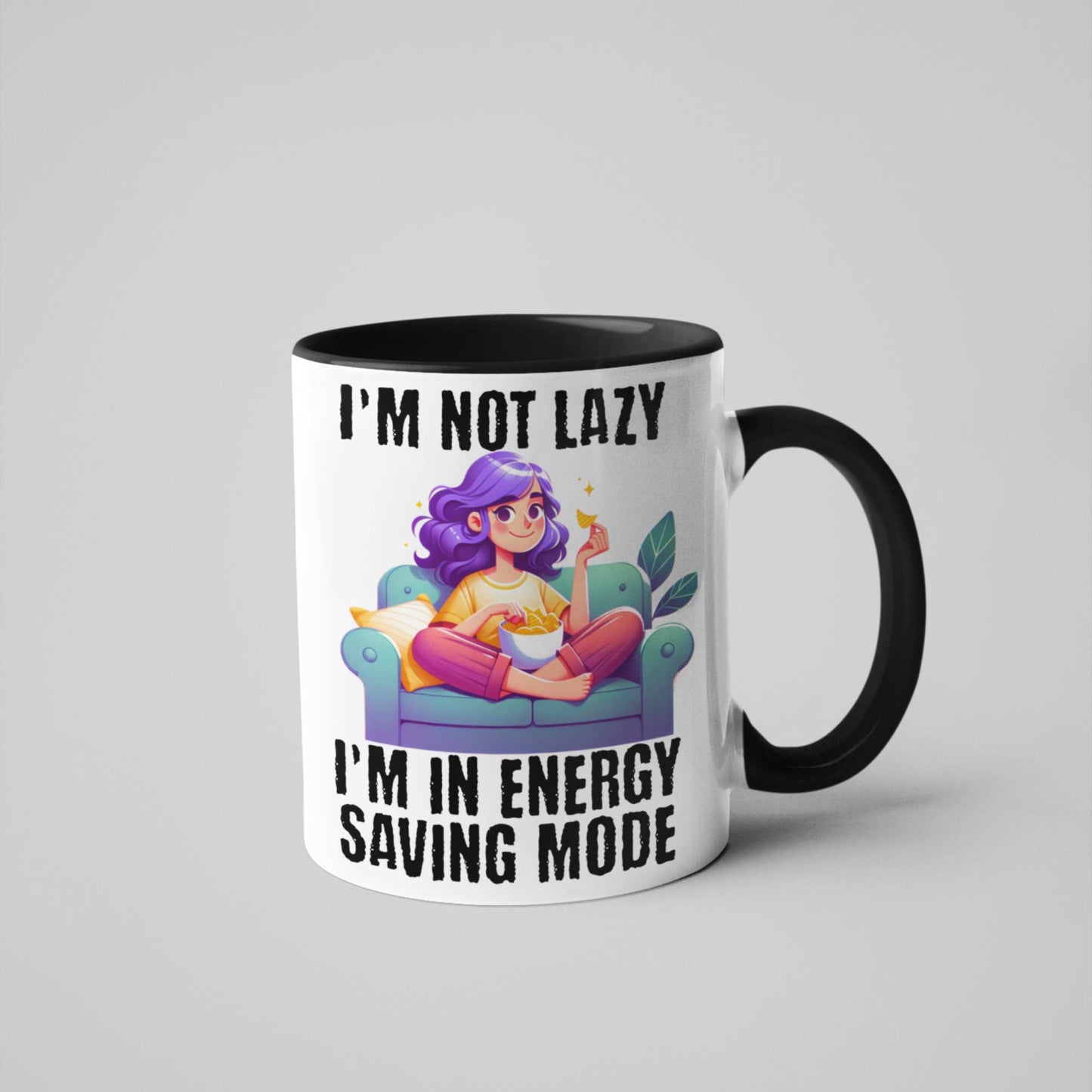 I'm Not Lazy, I'm in Energy Saving Mode Funny Coffee Mug – Colourful Handle Options – Perfect Gift for Couch Potatoes, Chill Masters & Work-from-Home Pros