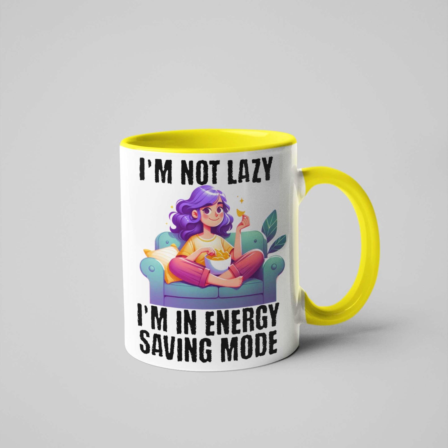 I'm Not Lazy, I'm in Energy Saving Mode Funny Coffee Mug – Colourful Handle Options – Perfect Gift for Couch Potatoes, Chill Masters & Work-from-Home Pros