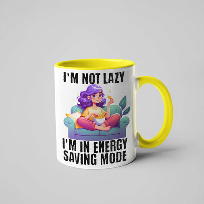 I'm Not Lazy, I'm in Energy Saving Mode Funny Coffee Mug – Colourful Handle Options – Perfect Gift for Couch Potatoes, Chill Masters & Work-from-Home Pros