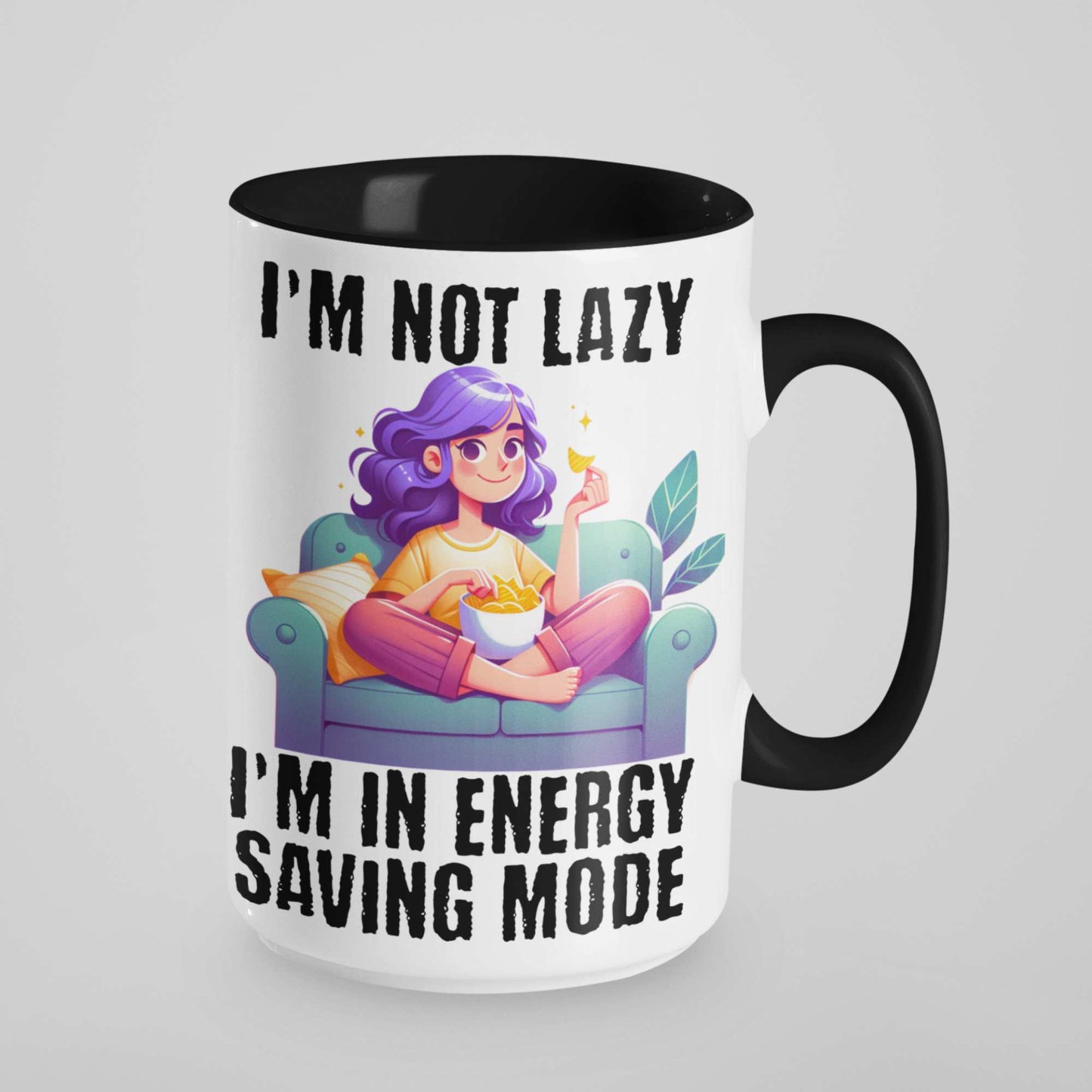 I'm Not Lazy, I'm in Energy Saving Mode Funny Coffee Mug – Colourful Handle Options – Perfect Gift for Couch Potatoes, Chill Masters & Work-from-Home Pros