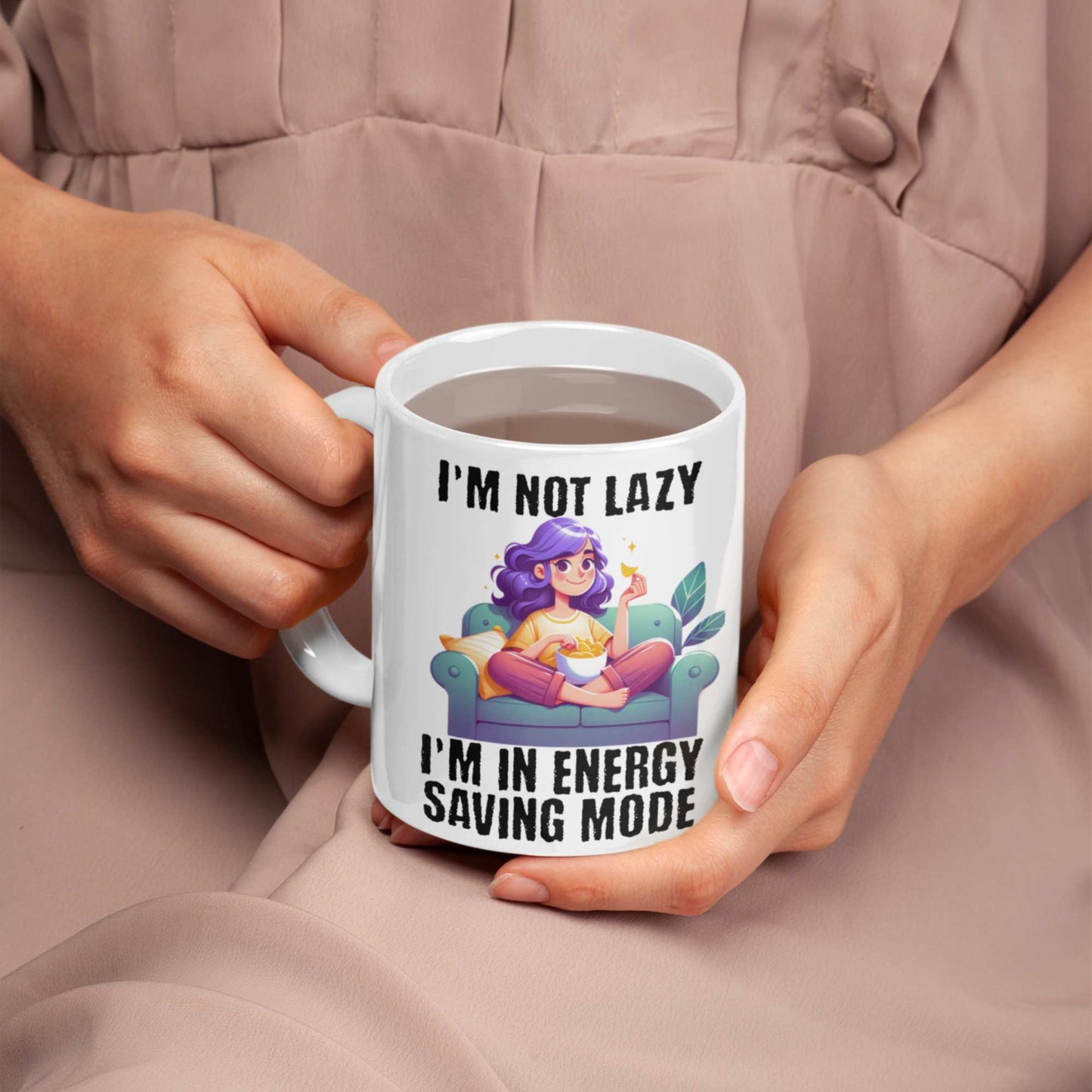 I'm Not Lazy, I'm in Energy Saving Mode Funny Coffee Mug – Colourful Handle Options – Perfect Gift for Couch Potatoes, Chill Masters & Work-from-Home Pros