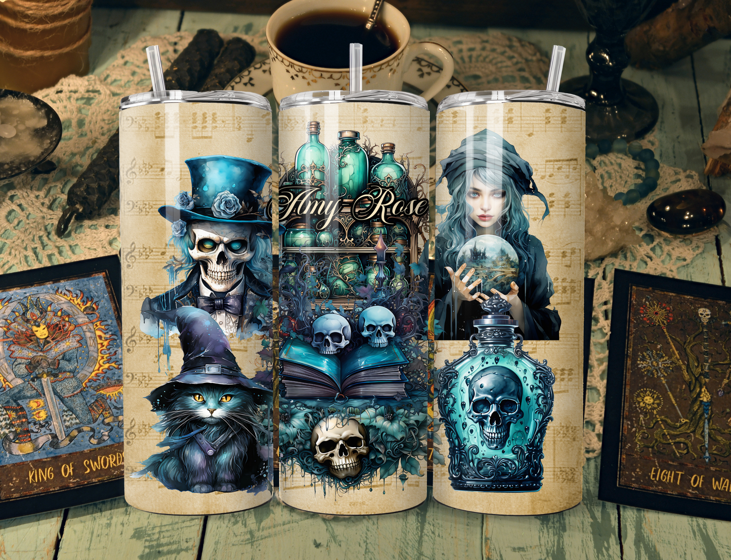 Turquoise witch cat Halloween personalised tumbler 20oz