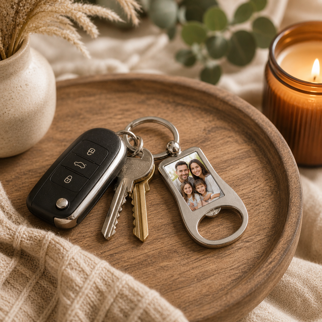 Keychain with family photo on a wooden tray with a candle and plant in the background