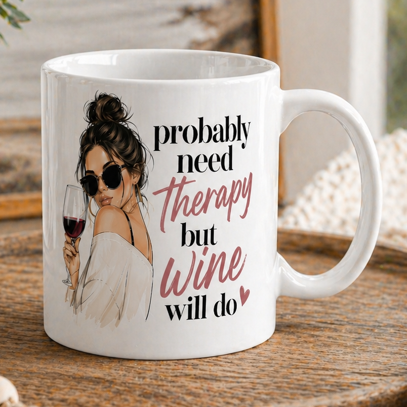 White mug with a design of a woman holding a glass of wine and text 'probably need therapy but wine will do' on a wooden tray.