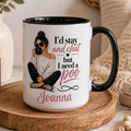 Mug with a design of a woman and text 'I'd stay and chat but I need a poo Joanna' on a wooden coaster.