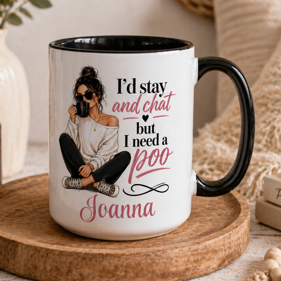 Mug with a design of a woman and text 'I'd stay and chat but I need a poo Joanna' on a wooden coaster.