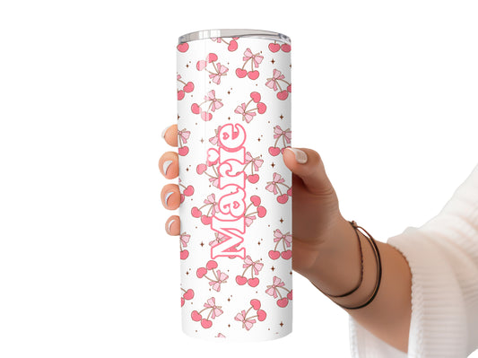 Personalised Pink Cherry and Bow 20oz Skinny Tumbler with Custom Name – Aesthetic Coquette Reusable Cup with Straw – Cute Custom Iced Coffee Cup – Soft Girl Gift for Teen, Best Friend, Daughter, Girlfriend – Tumbler for Hot and Cold Drinks UK