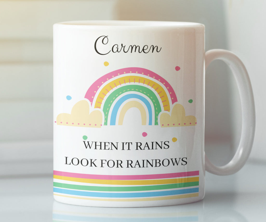 When it rains look for rainbows positivity inspirational coffee mug gift
