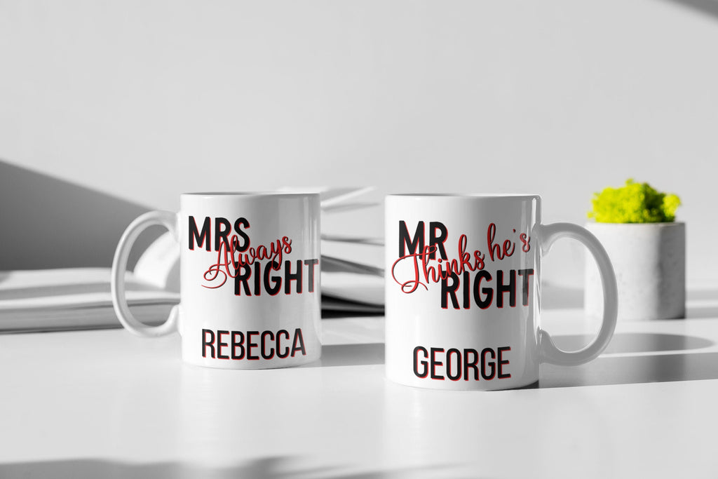Personalised anniversary mugs Mr and Mrs Right